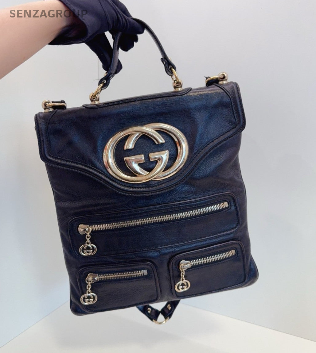 GUCCI GG Logo Top Handle 2way Shoulder Handbag Black Gold Women