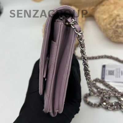 Chanel WOC Quilted Chain Shoulder Crossbody Bag Purple Silver Hardware