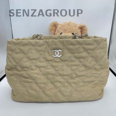 Chanel Quilted Tote Chain Shoulder Bag Beige Silver Hardware Classic