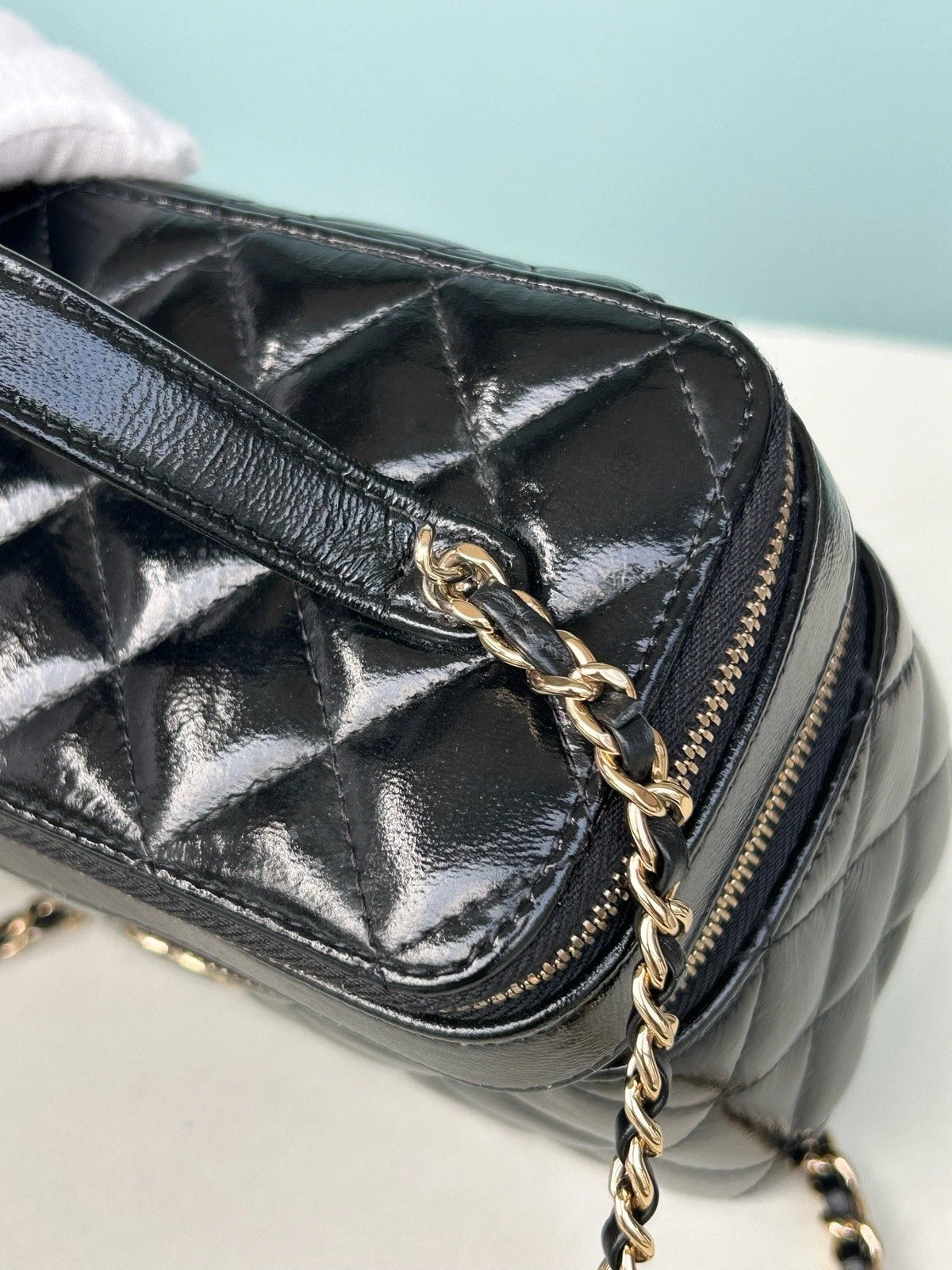 Chanel Diamond Calfskin Chain Top Handle Crossbody Black Gold Women Classic