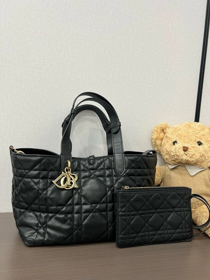 Dior Toujours Medium Black Calfskin Gold Hardware Tote Bag For Women