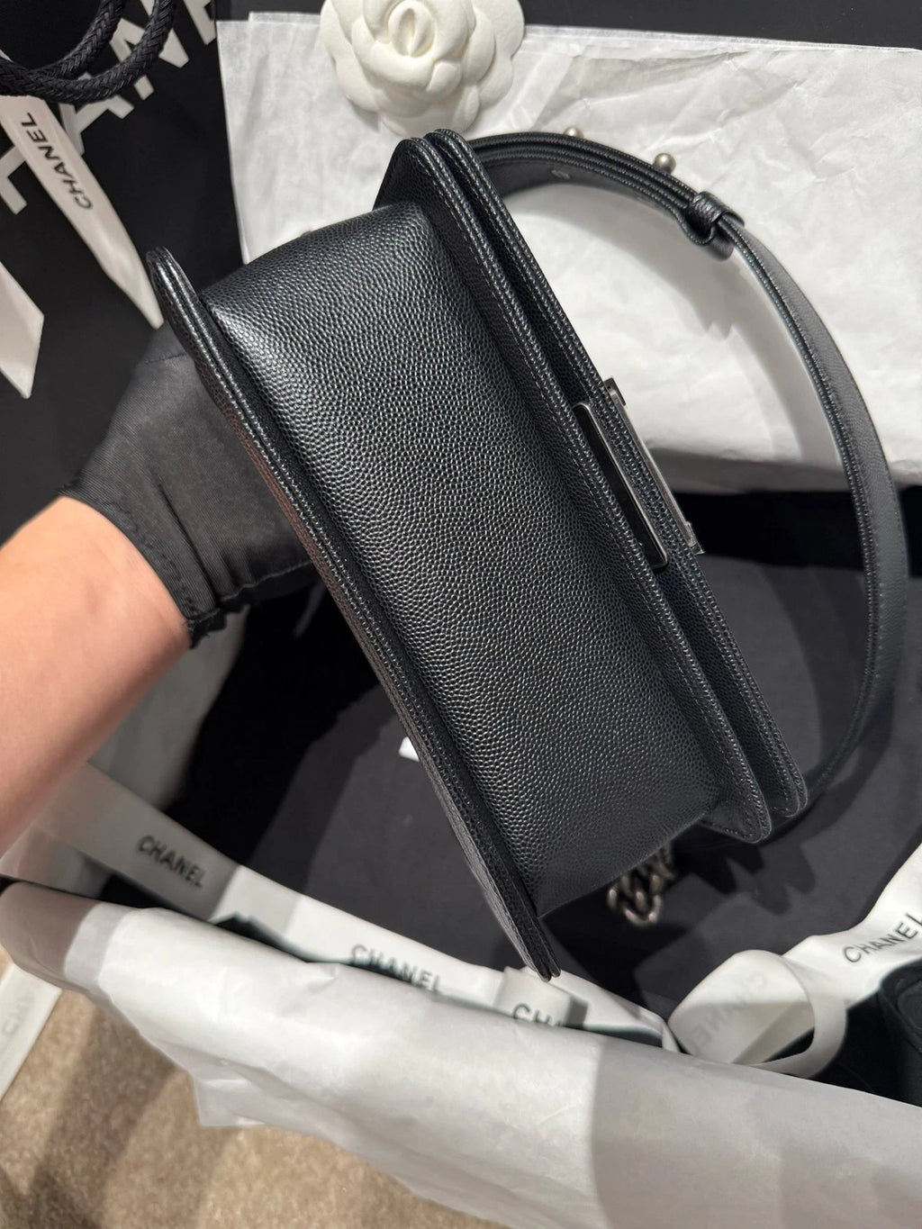 Chanel LeBoy Black Silver Leather Small Shoulder Bag For Women