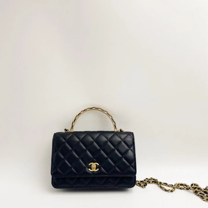 CHANEL Black Gold Leather WOC Crossbody Handbag For Women