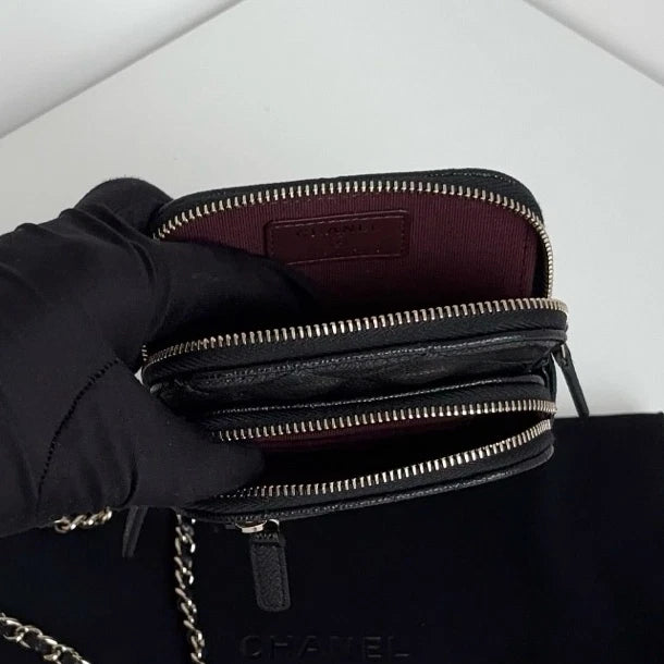 New Chanel Calfskin Phone Bag Gold Chain Black Crossbody Diamond
