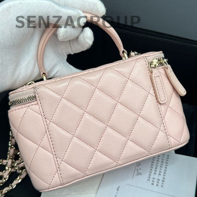 Chanel Quilted Vanity Case Pink Gold Handle Top Handle Crossbody Bag