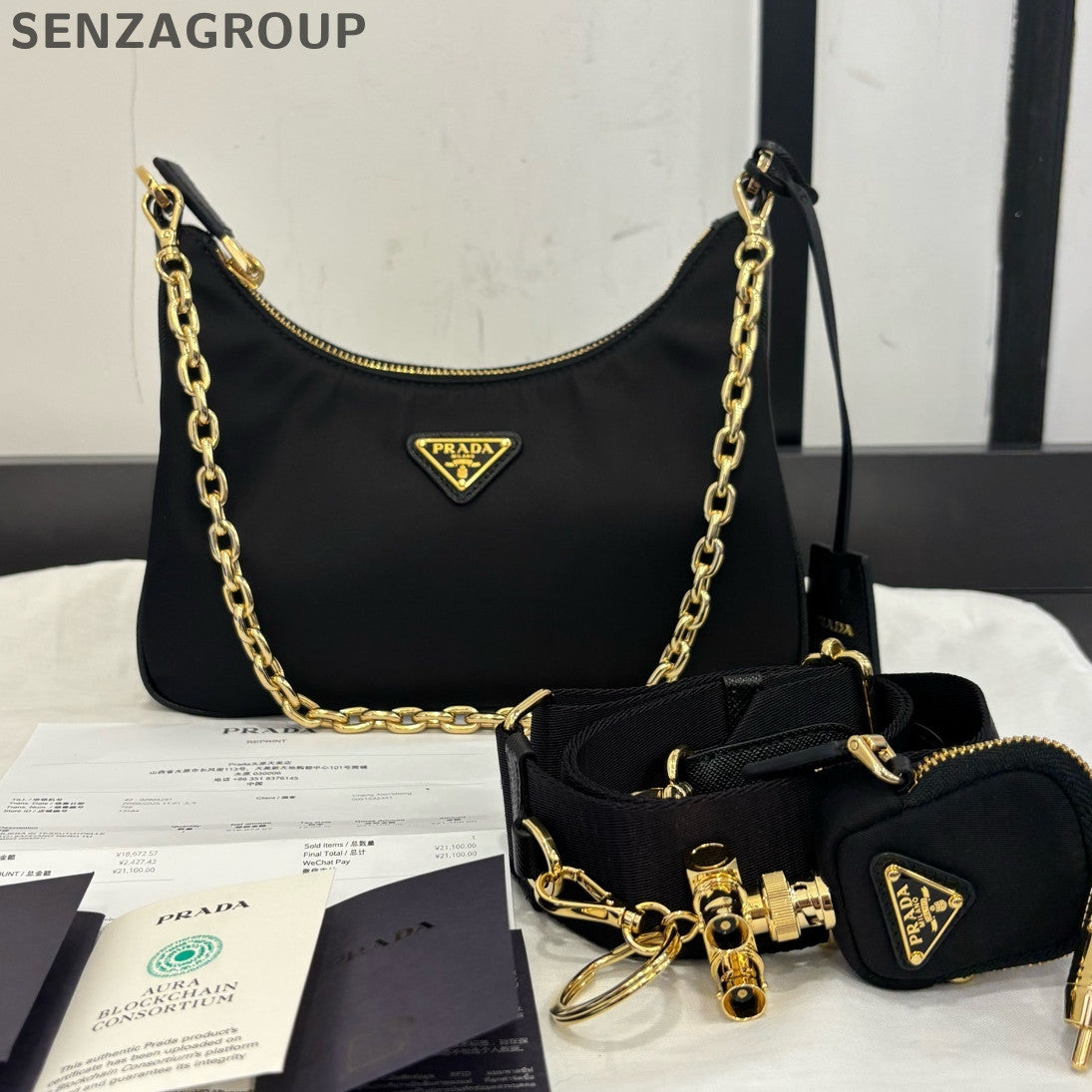 Prada Re-Edition Chain Shoulder Bag Black Gold Classic Women's