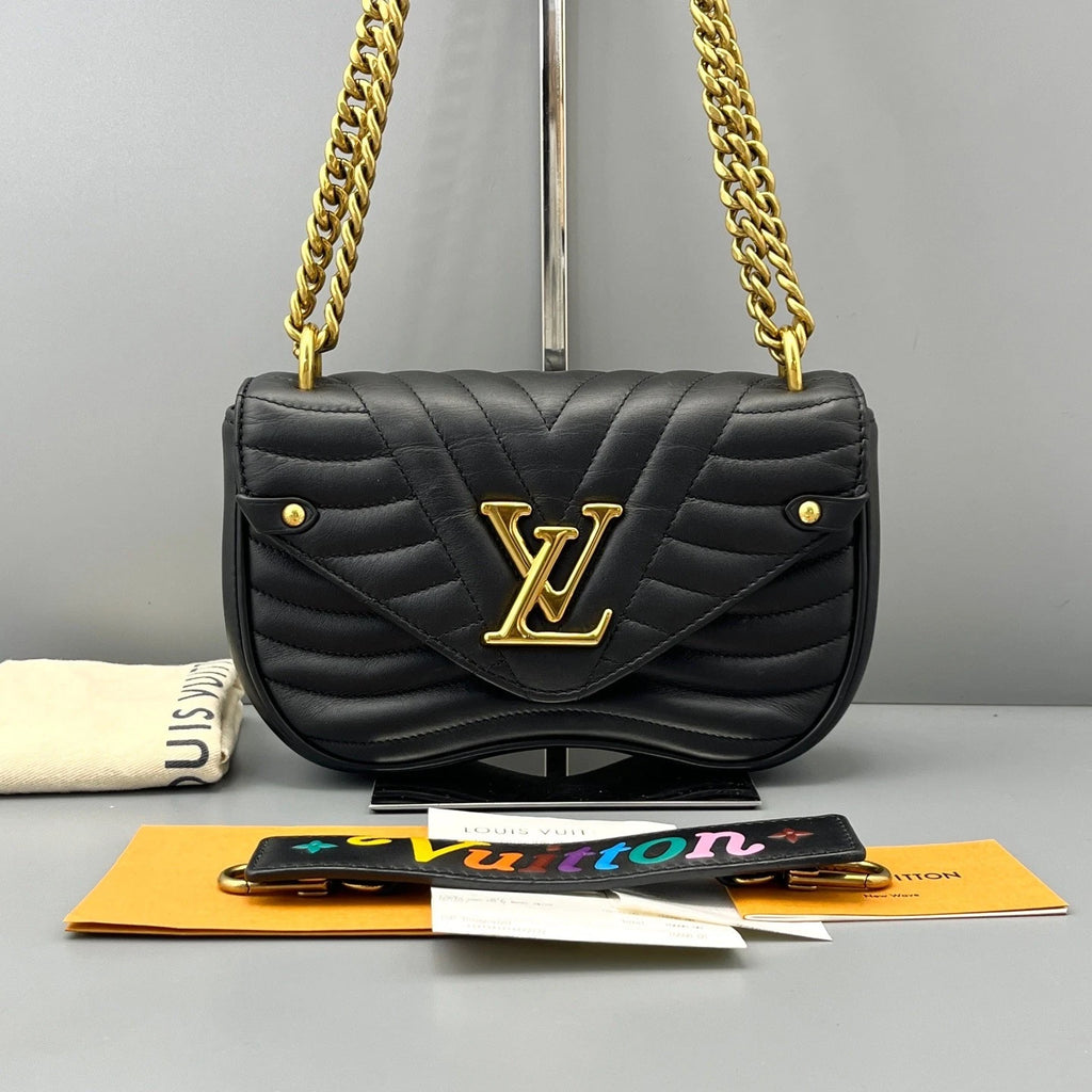 Authentic Louis Vuitton New Wave Black Quilted Leather Chain Shoulder Crossbody