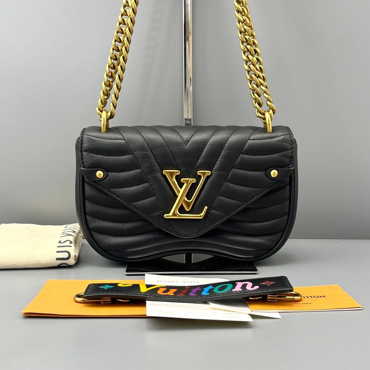 Authentic Louis Vuitton New Wave Black Quilted Leather Chain Shoulder Crossbody