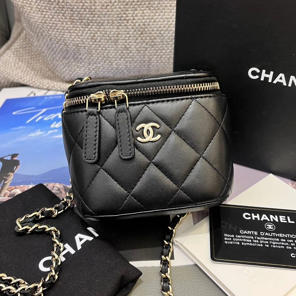 Chanel Lambskin Mini Vanity Case Chain Crossbody Black Gold Diamond Women