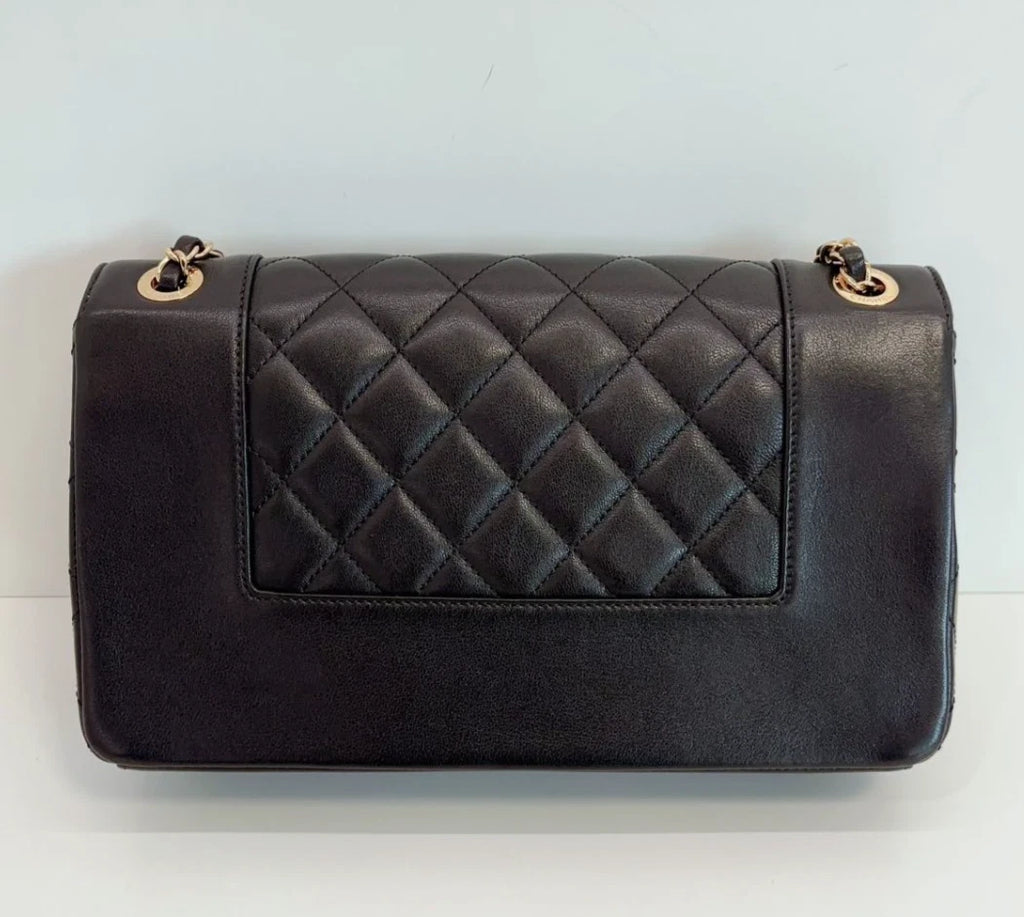 Chanel CC Logo Calfskin GM Chain Shoulder Bag Crossbody Black Gold Women Classic