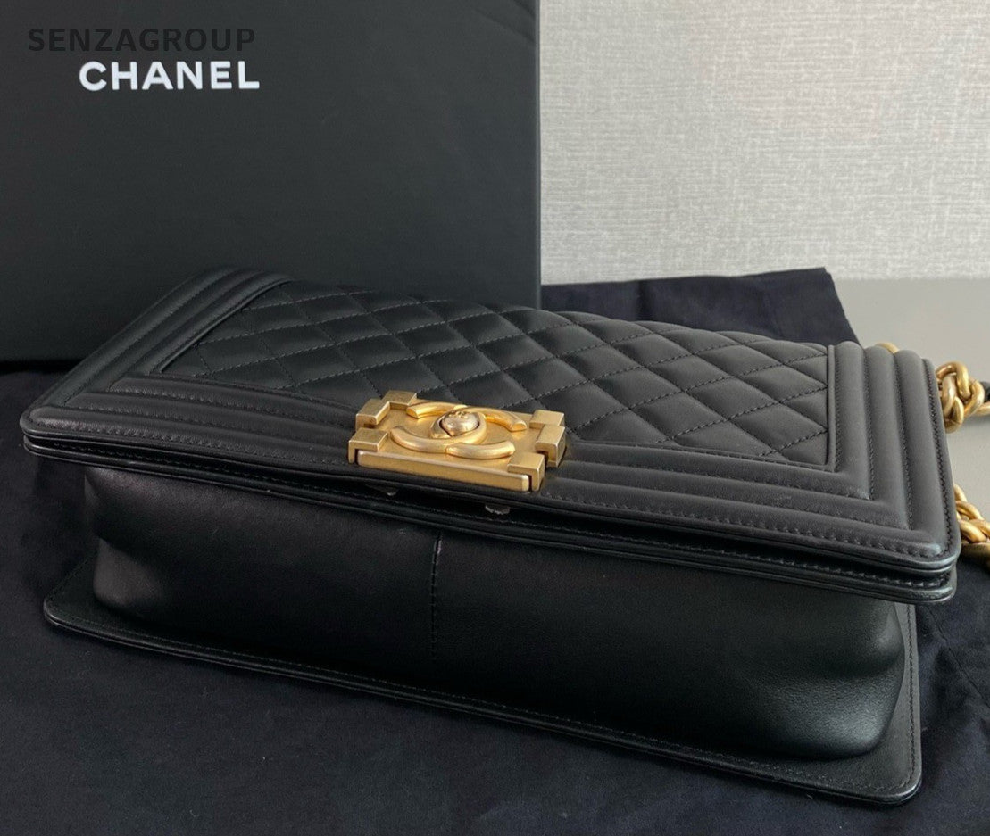 Chanel Leboy MM Calfskin Chain Shoulder Bag Crossbody Black Gold Women Classic