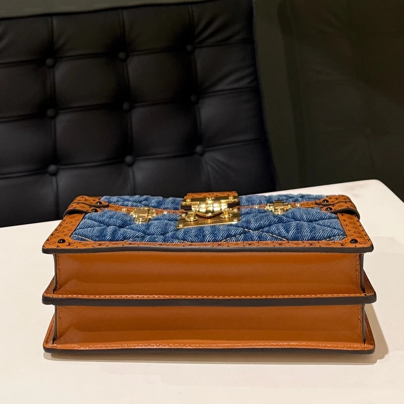 Louis Vuitton Denim Soft Trunk Blue Brown Crossbody Bag Women