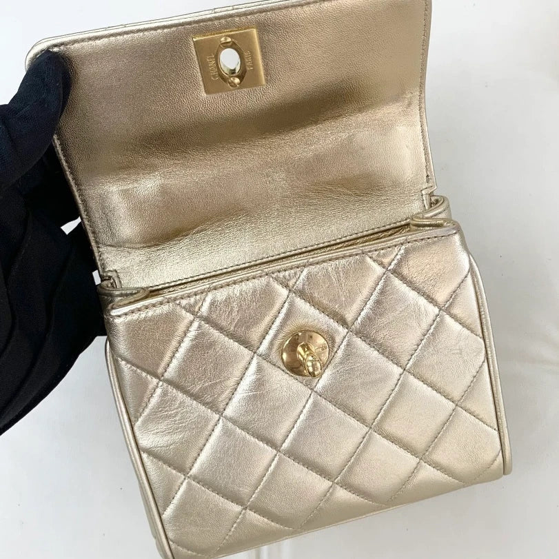 Chanel Lambskin Chain Top Handle Bag Diamond Gold Women Classic S