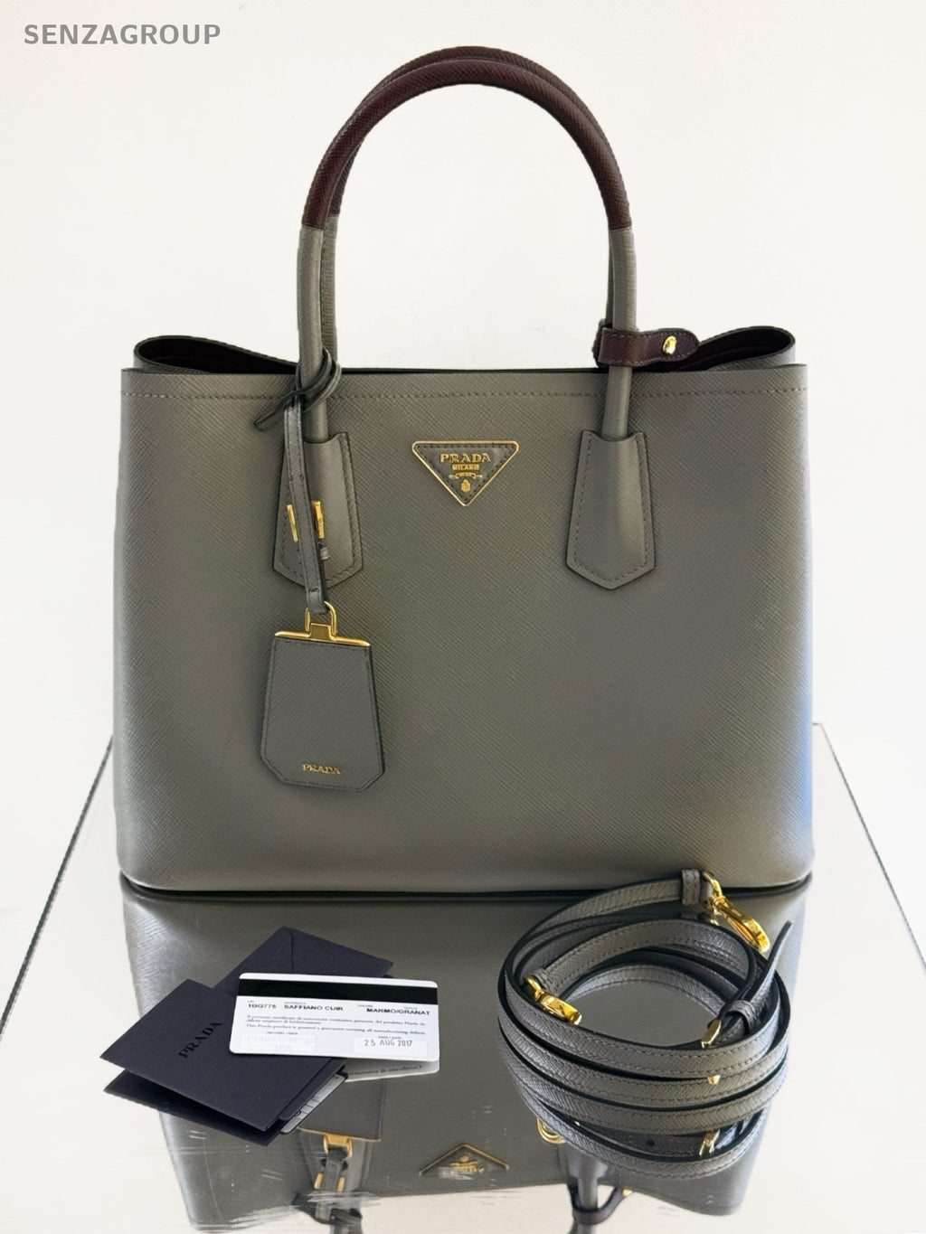 Prada Double Classic Cross-Grain Calfskin Top Handle Shoulder Crossbody Bag Gray
