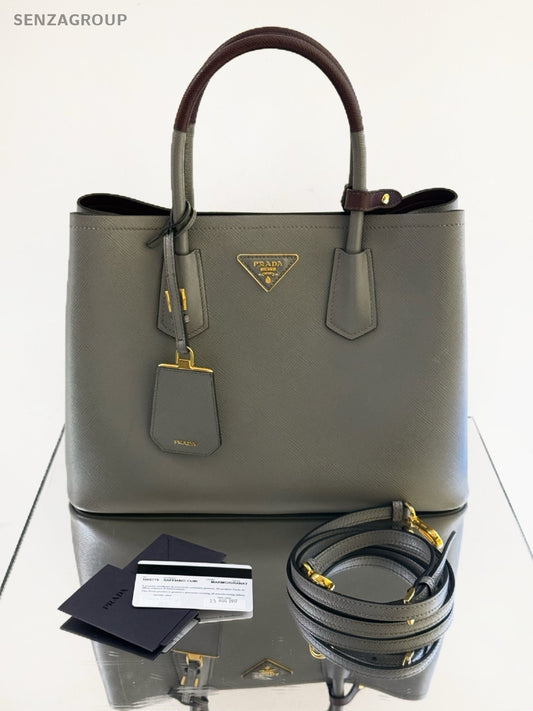 Prada Double Classic Cross-Grain Calfskin Top Handle Shoulder Crossbody Bag Gray