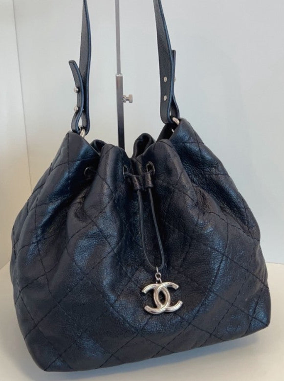 Chanel Calfskin Bucket Shoulder Bag Black Silver Diamond Women Classic Designer