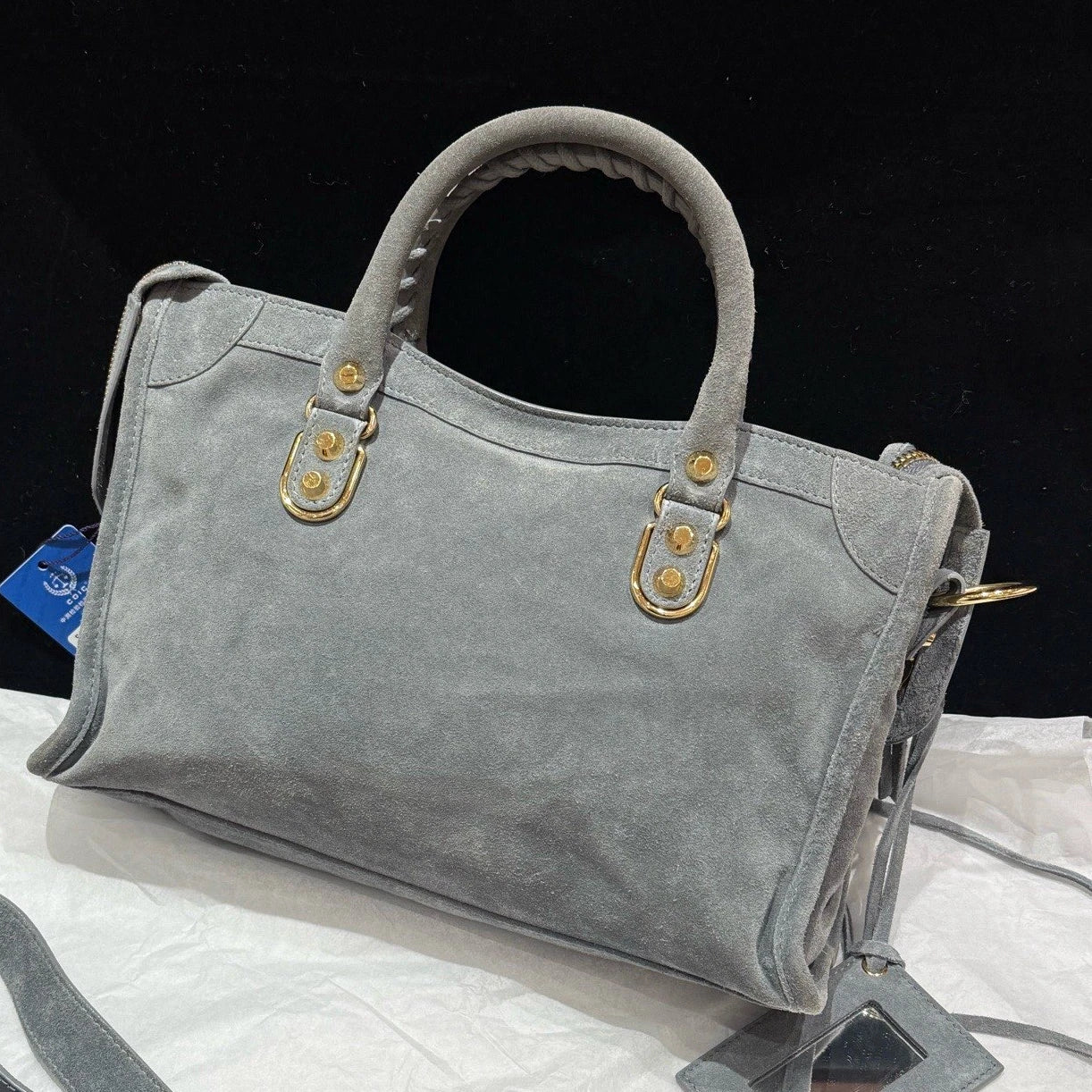 Balenciaga Le City Suede Top Handle Crossbody Gray Gold Women Classic