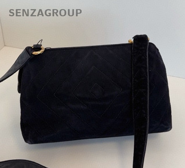 Chanel Suede Vintage Shoulder Bag Crossbody Black Gold Women Classic