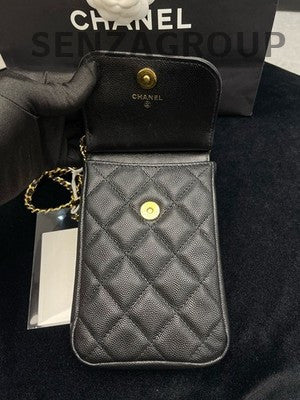Chanel Black Quilted Leather Phone Bag with Gold Chain Strap
