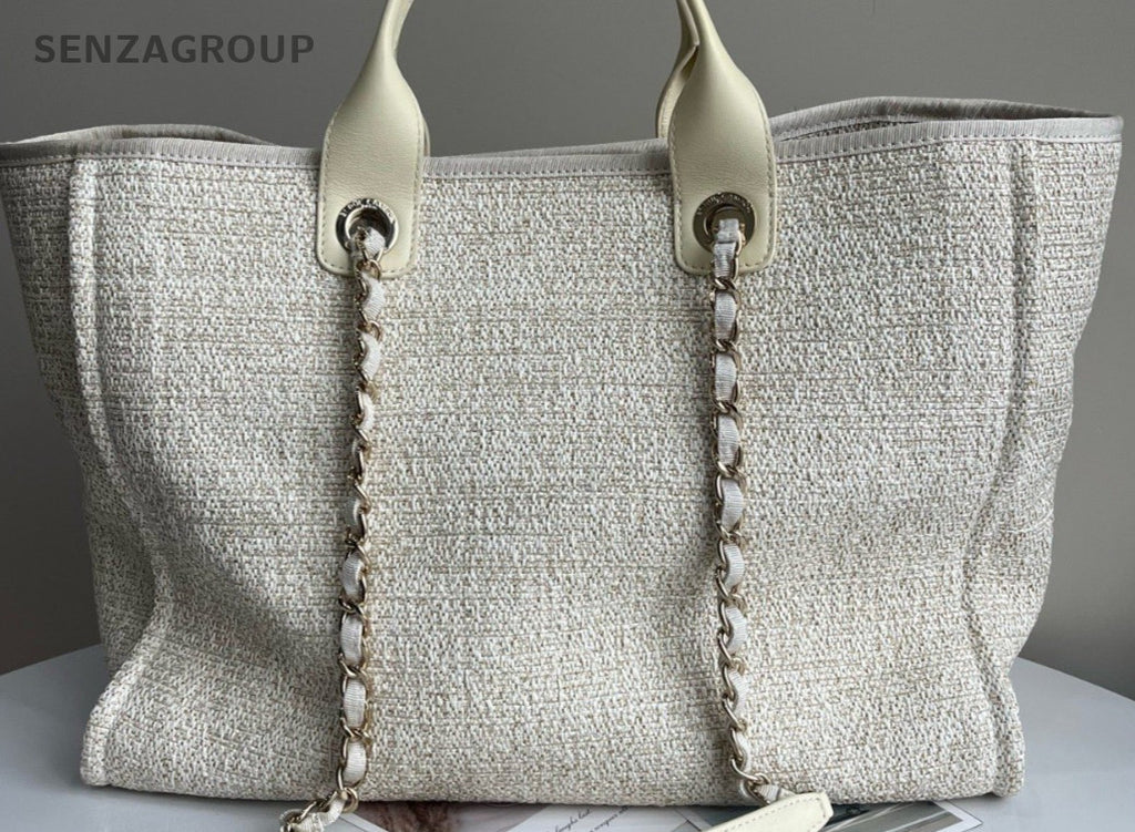 Chanel Fabric Deauvliie Canvas Tote Handbag Chain Shoulder Bag White Used Women