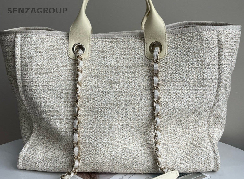 Chanel Fabric Deauvliie Canvas Tote Handbag Chain Shoulder Bag White Used Women