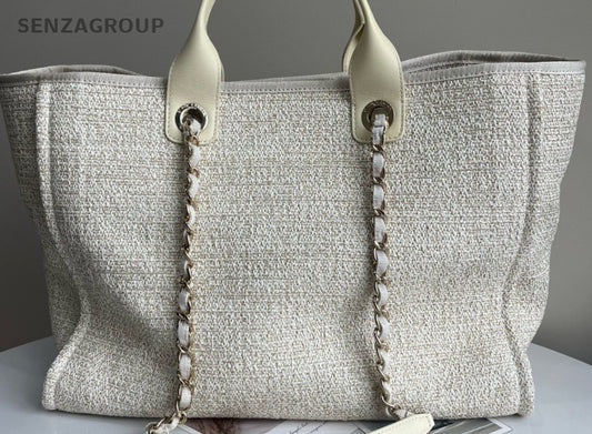 Chanel Fabric Deauvliie Canvas Tote Handbag Chain Shoulder Bag White Used Women