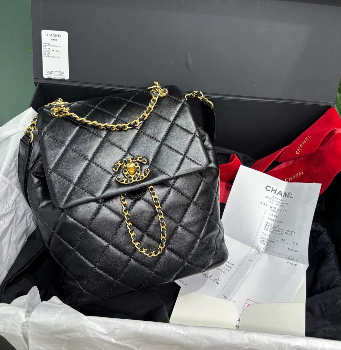 Chanel Lambskin Diamond Chain BackpackGold Hardware Black Women Fashion