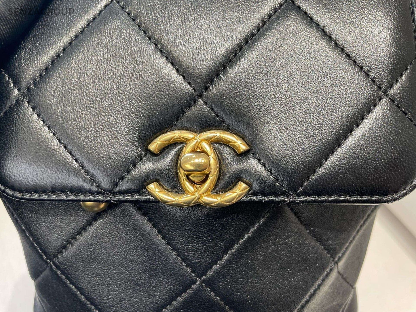Chanel Diamond Lambskin Backpack Black Gold Used Women Classic Fashion