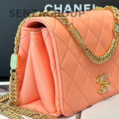 Chanel Gold Coin Logo Chain Shoulder Bag Pink Gold Hardware