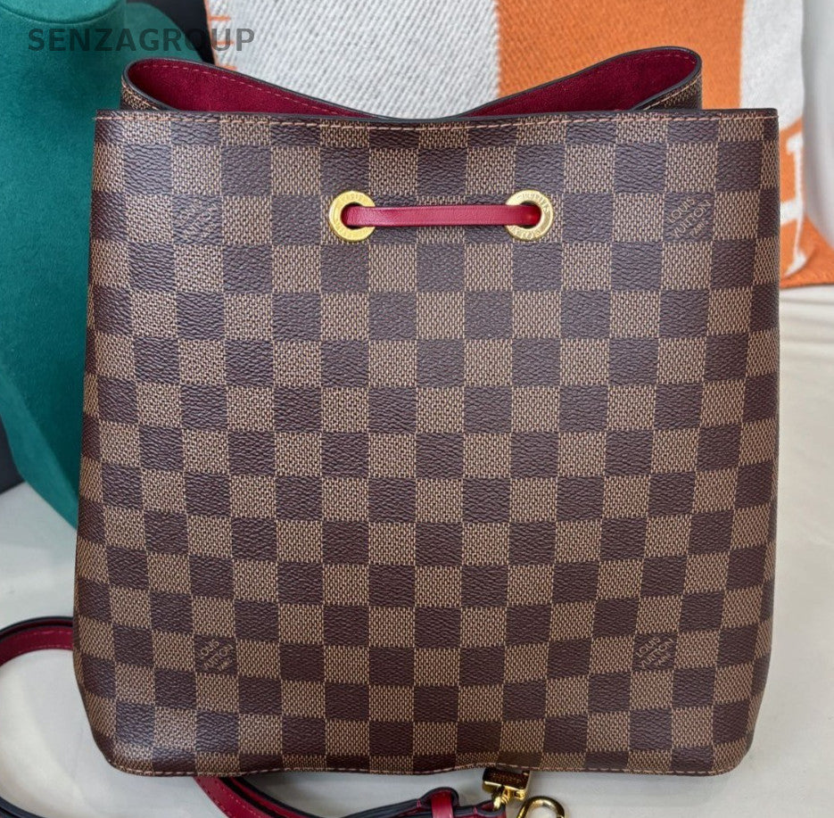 Louis Vuitton Damier Bucket MM Shoulder Bag Brown Red Gold Women Classic
