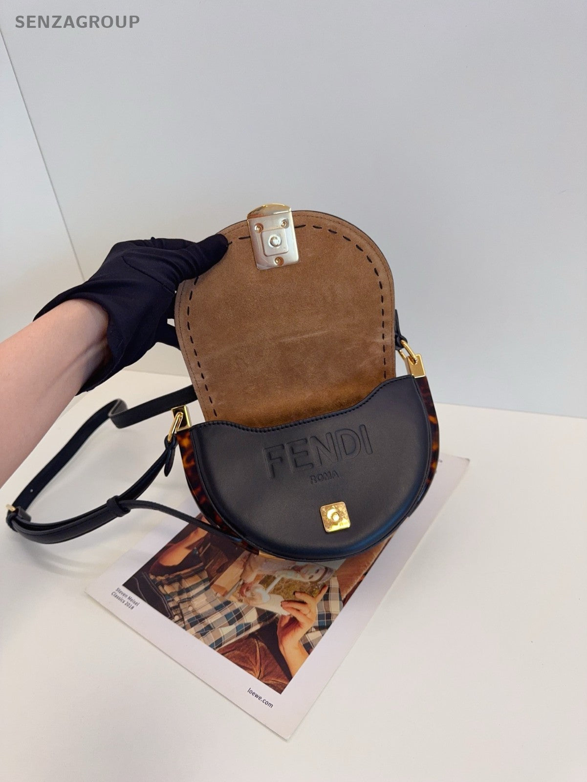 FENDI Moonligth Leather Black gold Saddle bag Shoulder bag Crossbody