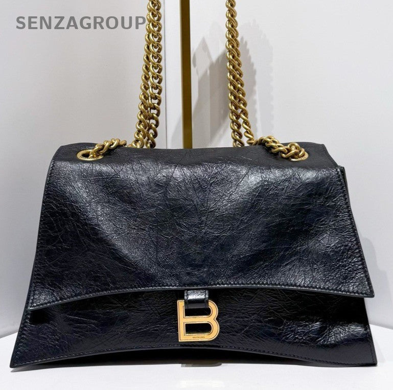 Balenciaga CRUSH Calfskin MM Chain Shoulder Bag Black Gold Used Women Classic