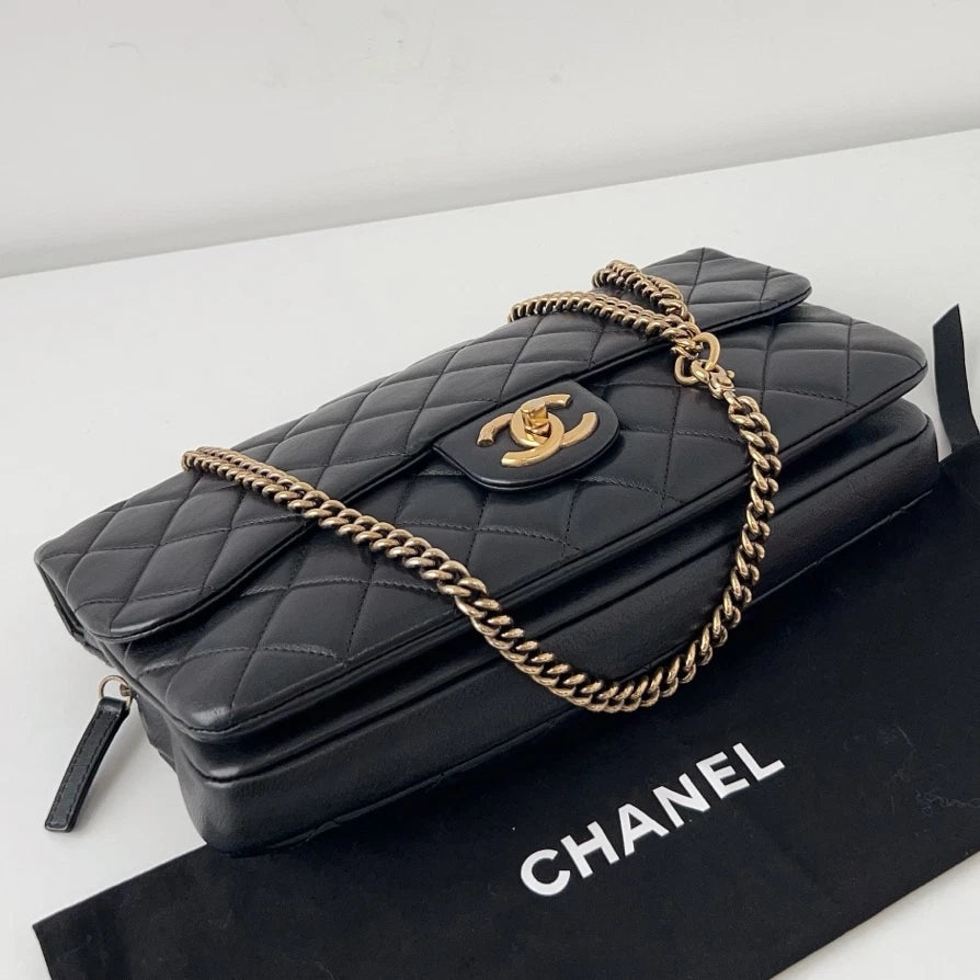 Chanel Classic Flap Jumbo Calfskin Gold Coin Chain Black Shoulder Bag Crossbody