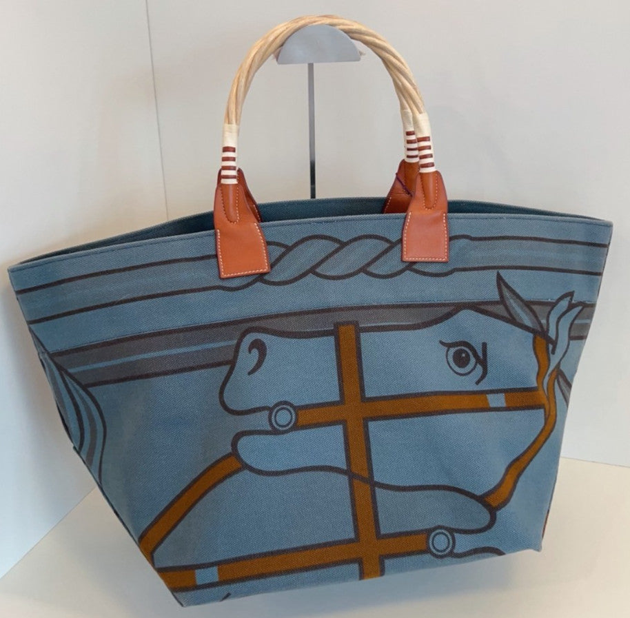 Hermes Steeple Canvas Handbag Blue Used Women Designer Classic