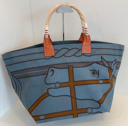 Hermes Steeple Canvas Handbag Blue Used Women Designer Classic