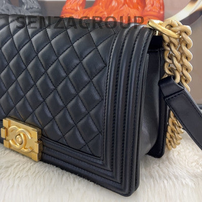 Chanel Black Caviar Leather Medium Le Boy Chain Shoulder Bag Quilted
