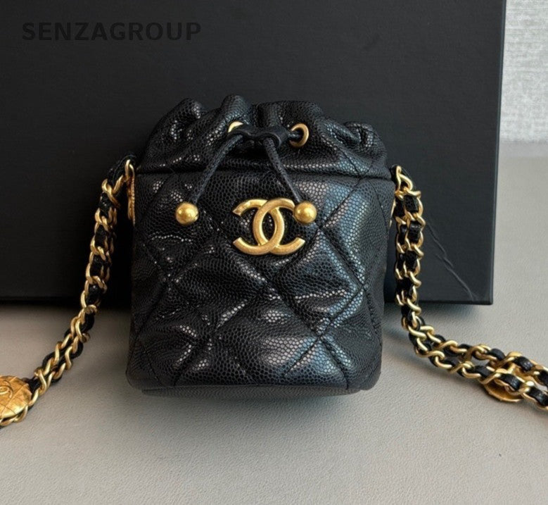 CHANEL 22A Bucket mini Drawstring Chain Shoulder bag Crossbody Women Blakc Gold
