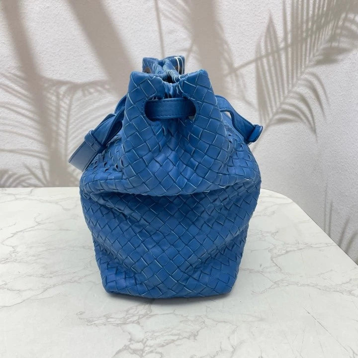 Authentic Bottega Veneta Blue Lamskin Woven Shoulder Handbag For Women