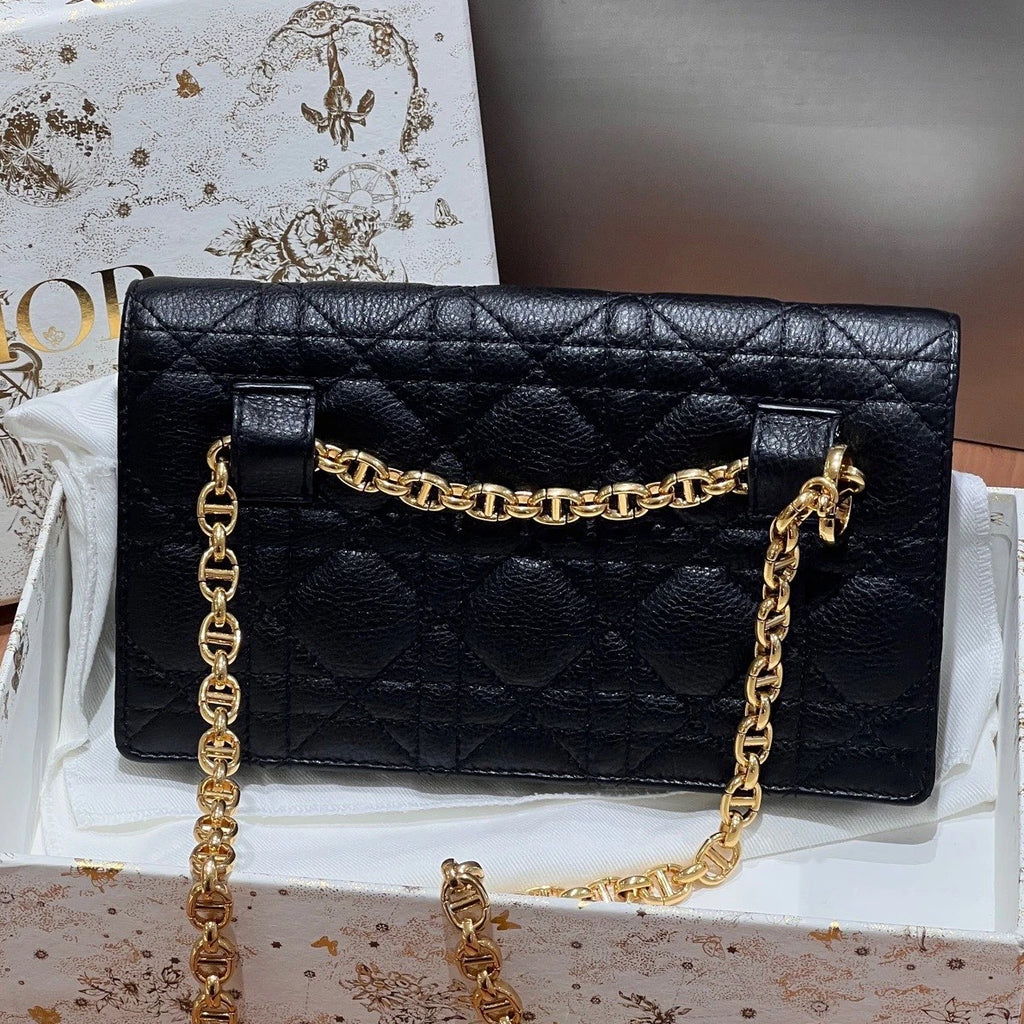 Excellent Christian Dior Caro Calfskin Long Black Wallet Chain Shoulder Bag GHW