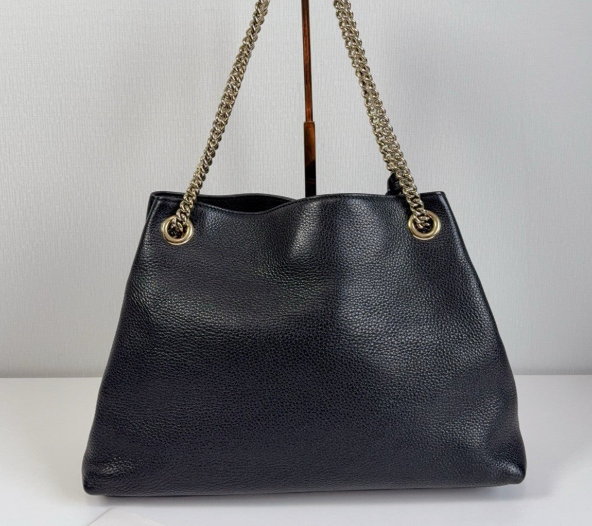 Gucci Tote Tassel Chain Calfskin Shoulder Bag Black Gold Women Classic