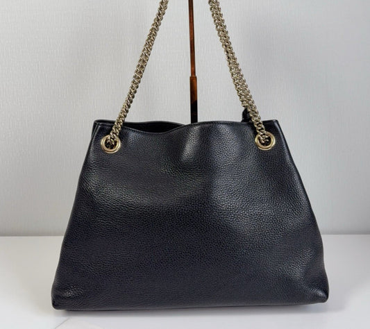 Gucci Tote Tassel Chain Calfskin Shoulder Bag Black Gold Women Classic