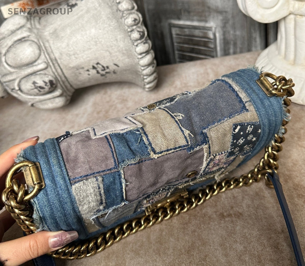Chanel Leboy MM Denim Blue Chain Shoulder Bag Crossbody Gold Women Classic