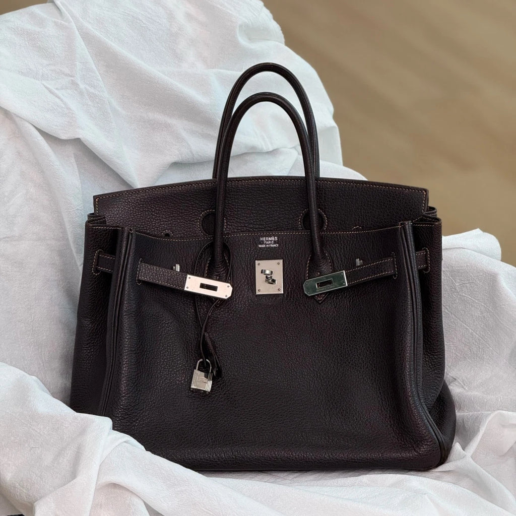 Authentic Hermes Birkin 35 Ebene Brown Water Buffalo Leather Top Handle Bag SHD