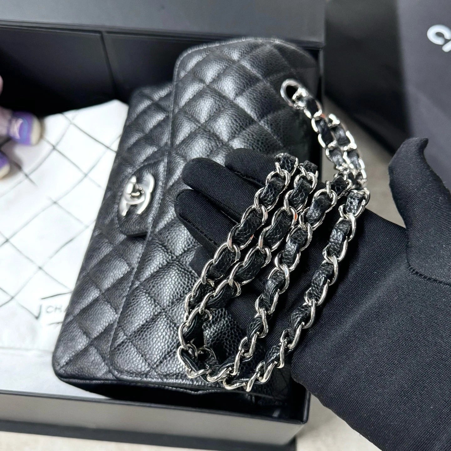 New CHANEL Classic Flap Small Black Calfskin Silver Hardware Bag For Women