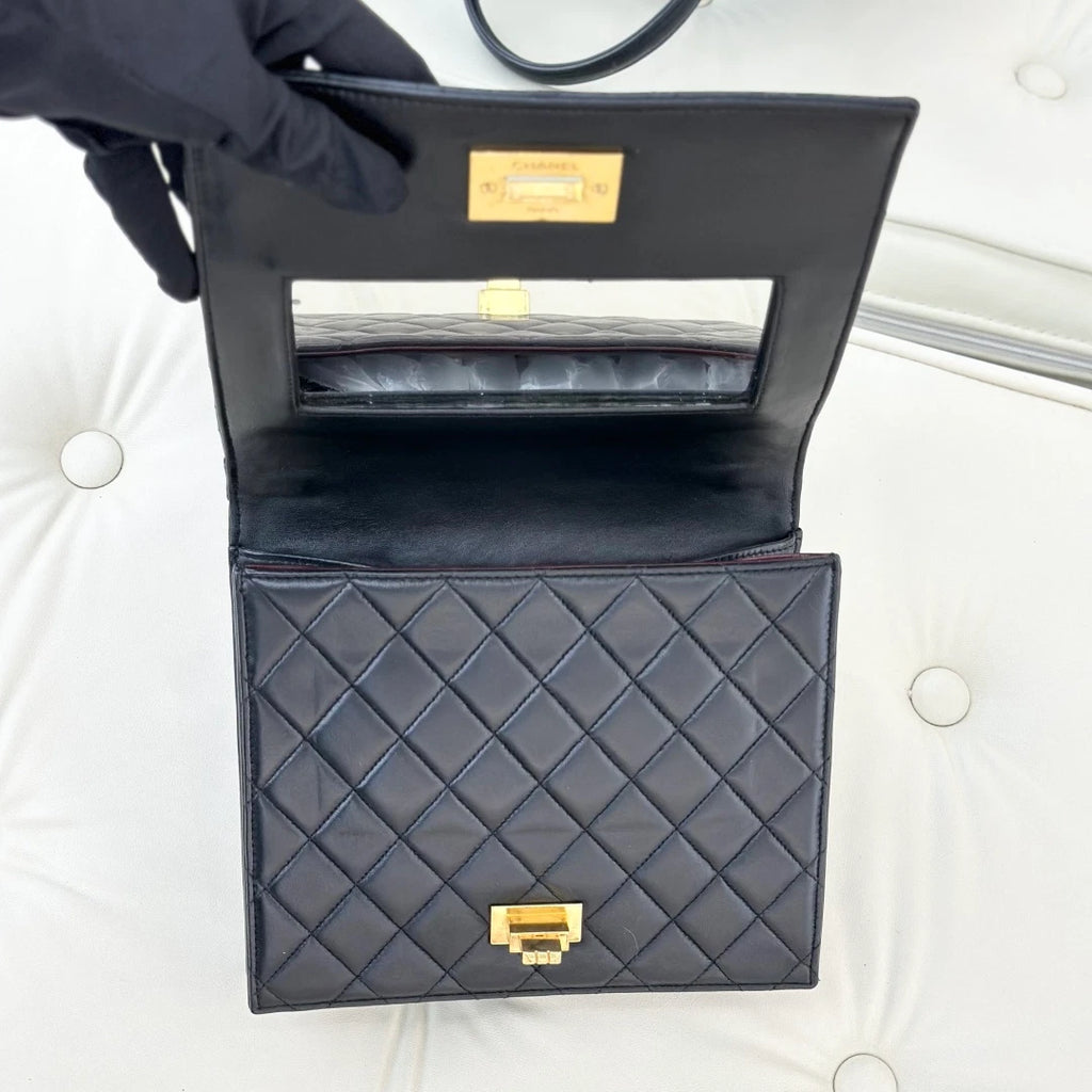 Chanel Vintage Lambskin Diamond Top Handle Bag Black Gold Hardware Women S