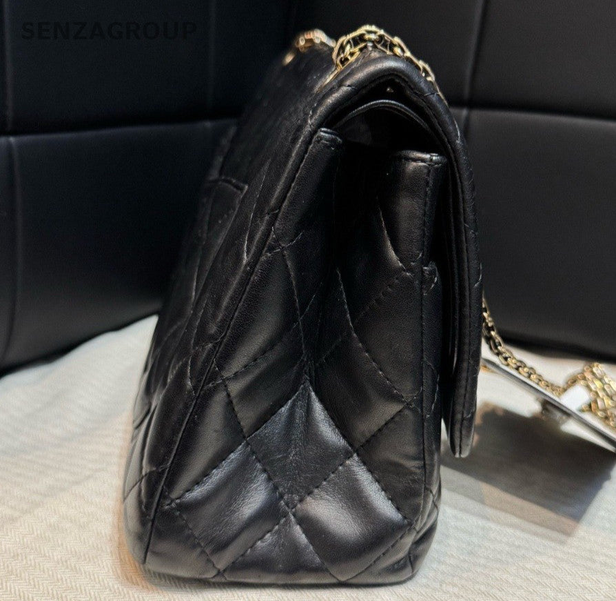 Chanel Diamond GM Chain Lambskin Shoulder Bag Black Gold Women Classic