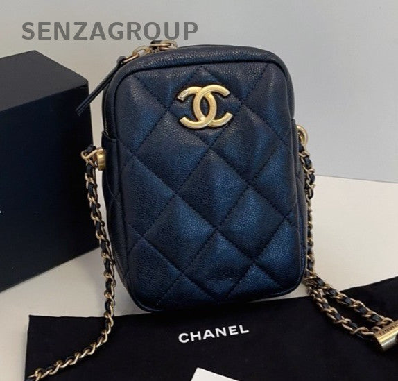 Chanel Diamond Calfskin Chain Crossbody Shoulder Bag Black Gold Women Classic