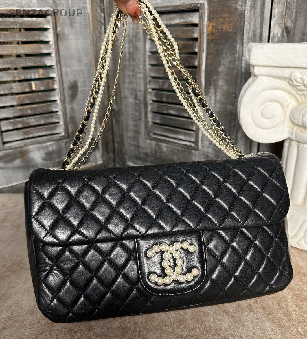 Chanel Classic Flap Lambskin Pearl Chain Shoulder Bag Black Gold Diamond Women