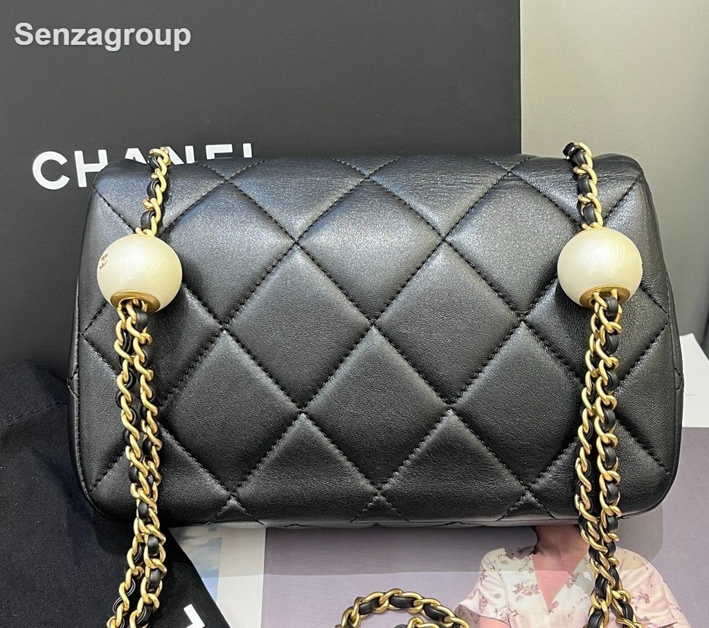 Chanel Classic Flap Lambskin Mini Chain Shoulder Bag Black Gold Diamond Women