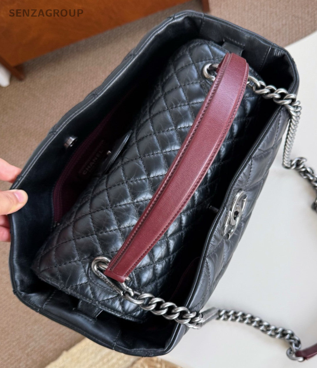 Chanel Calfskin Chain Diamond Top handle bag Shoulder Bag Black Silver Women